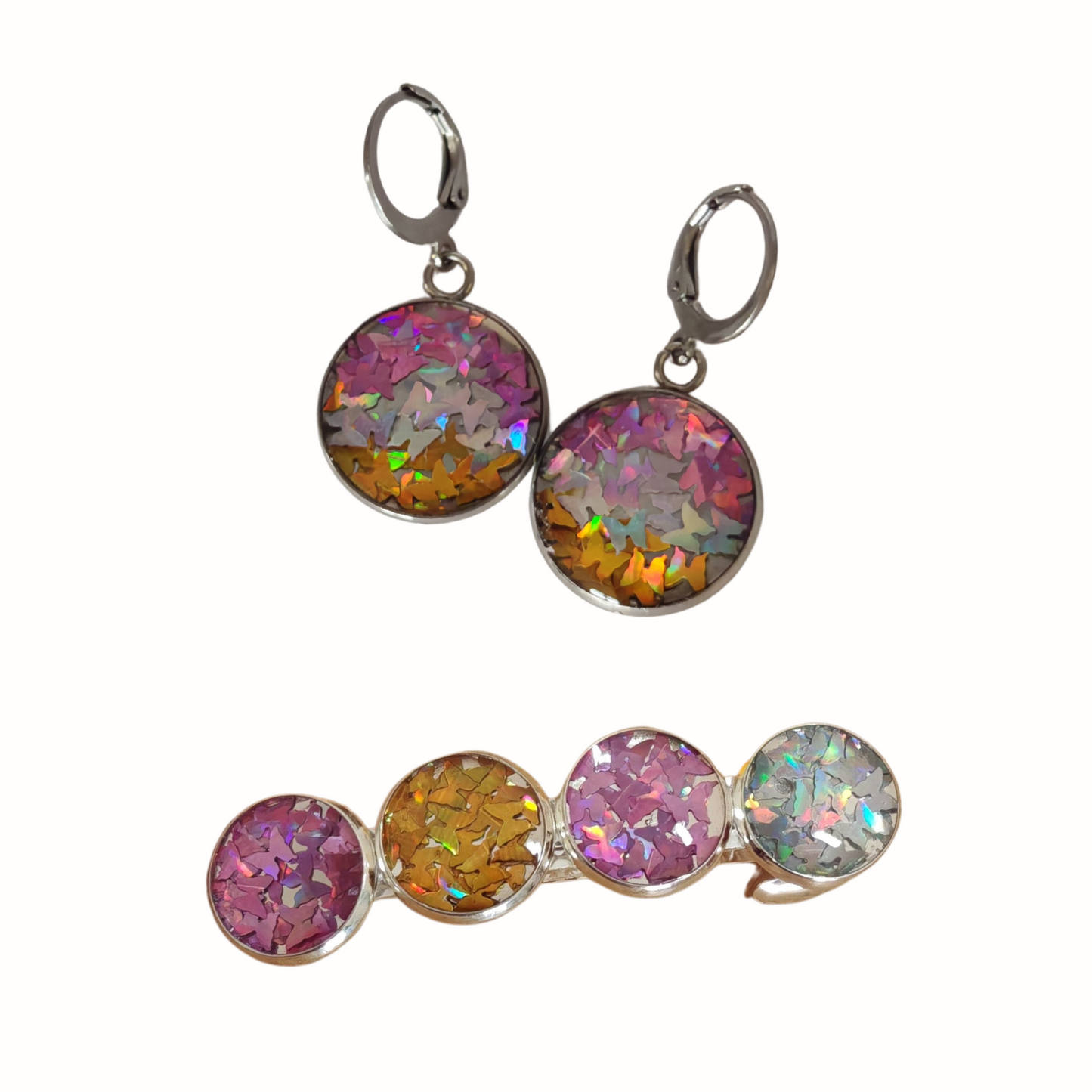 Hairclip & Earring Set Butterfly Sequin  – Silver Tone Hair Clips with Stainless Steel Earrings | Kids & Girls Jewelry Gift