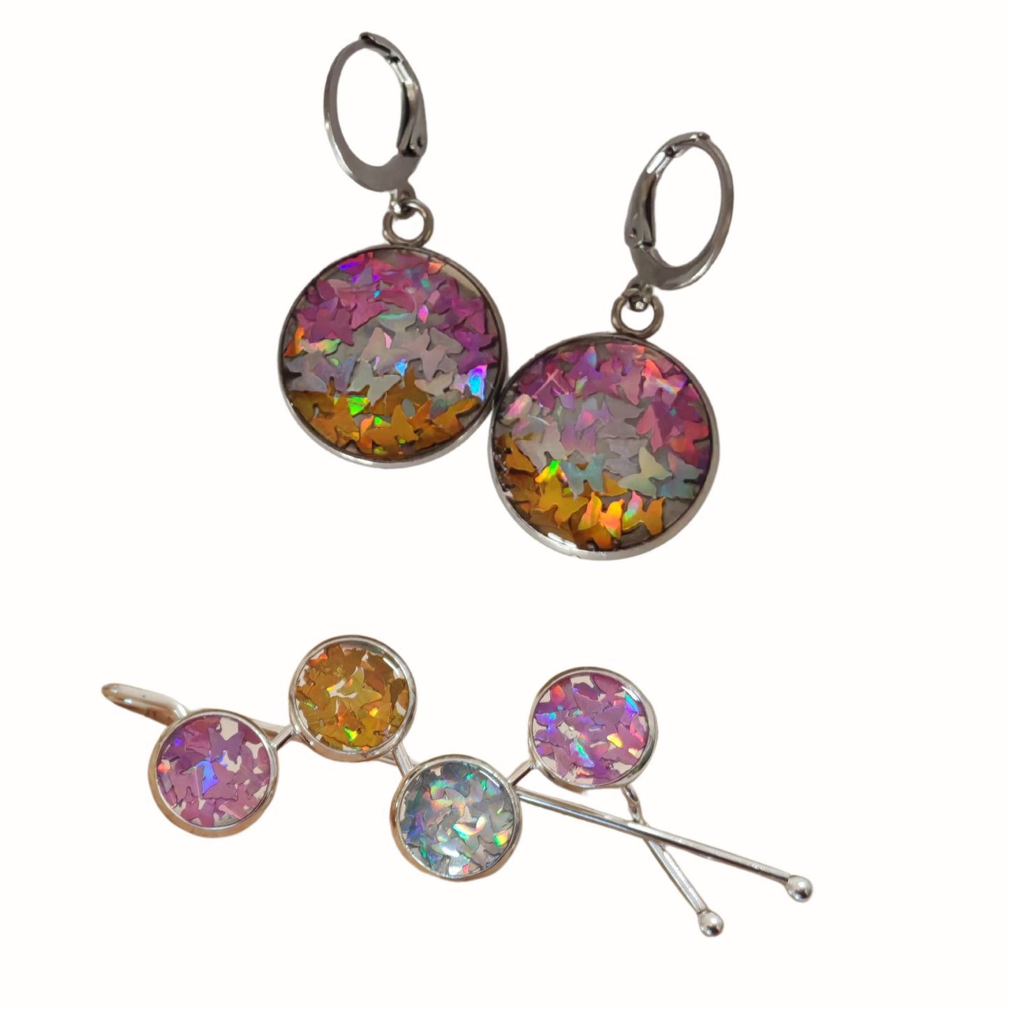 Hairclip & Earring Set Butterfly Sequin  – Silver Tone Hair Clips with Stainless Steel Earrings | Kids & Girls Jewelry Gift