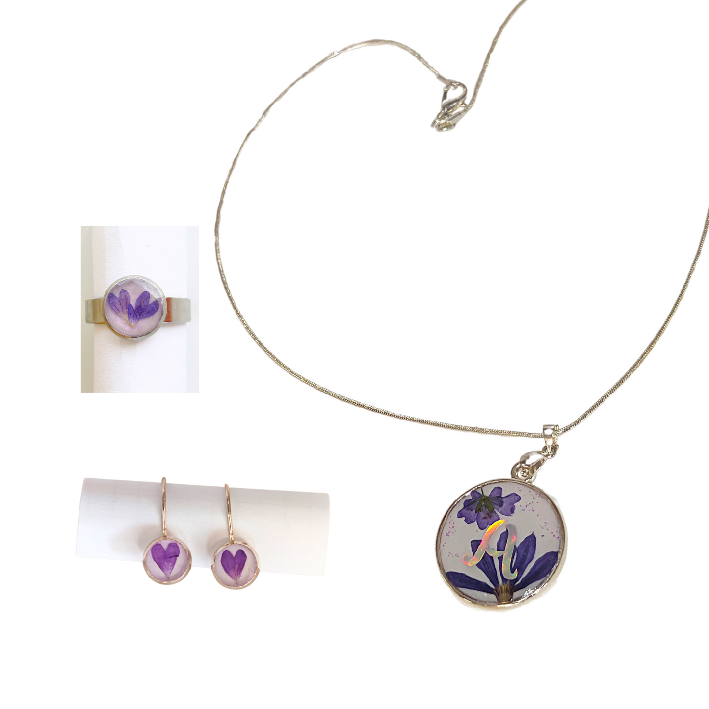 Personalized Purple Flower Jewelry Set – Silver 925 Necklace, Earrings & Adjustable Ring