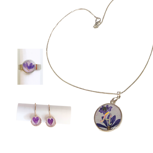 Personalized Purple Flower Jewelry Set – Silver 925 Necklace, Earrings & Adjustable Ring