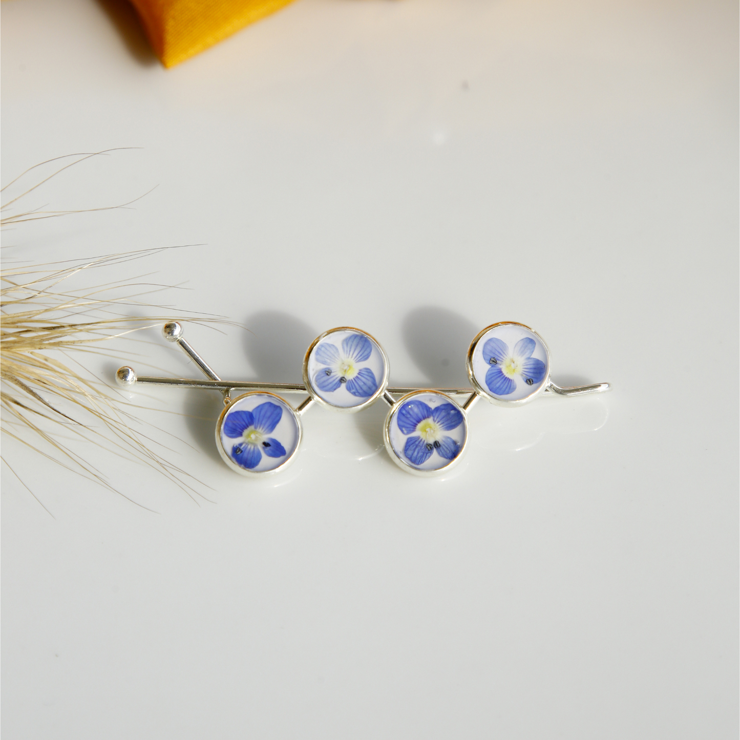 Hair Pin Silver with Real Blue Flowers – Strong Hold + Polish Cloth - Hair Accessories