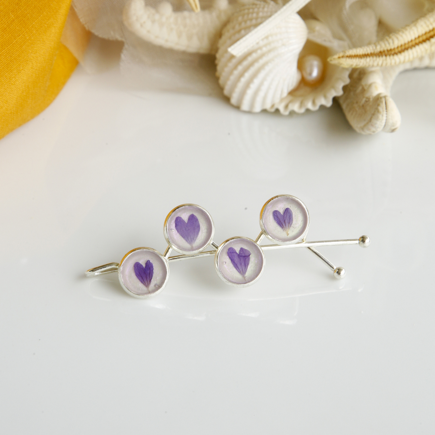 Hair Pin Silver with Real Purple Flowers – Strong Hold + Polish Cloth - Hair Accessories