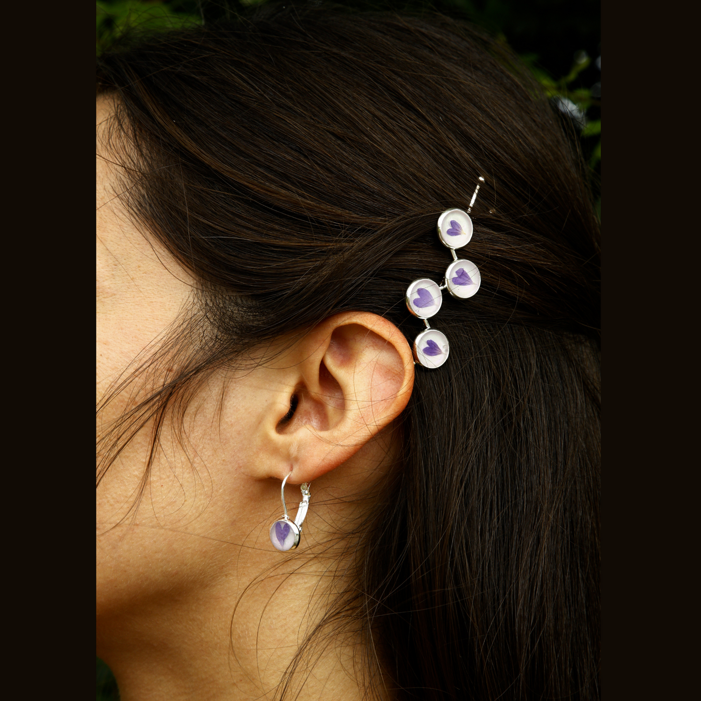 Hair Pin Silver with Real Purple Flowers – Strong Hold + Polish Cloth - Hair Accessories