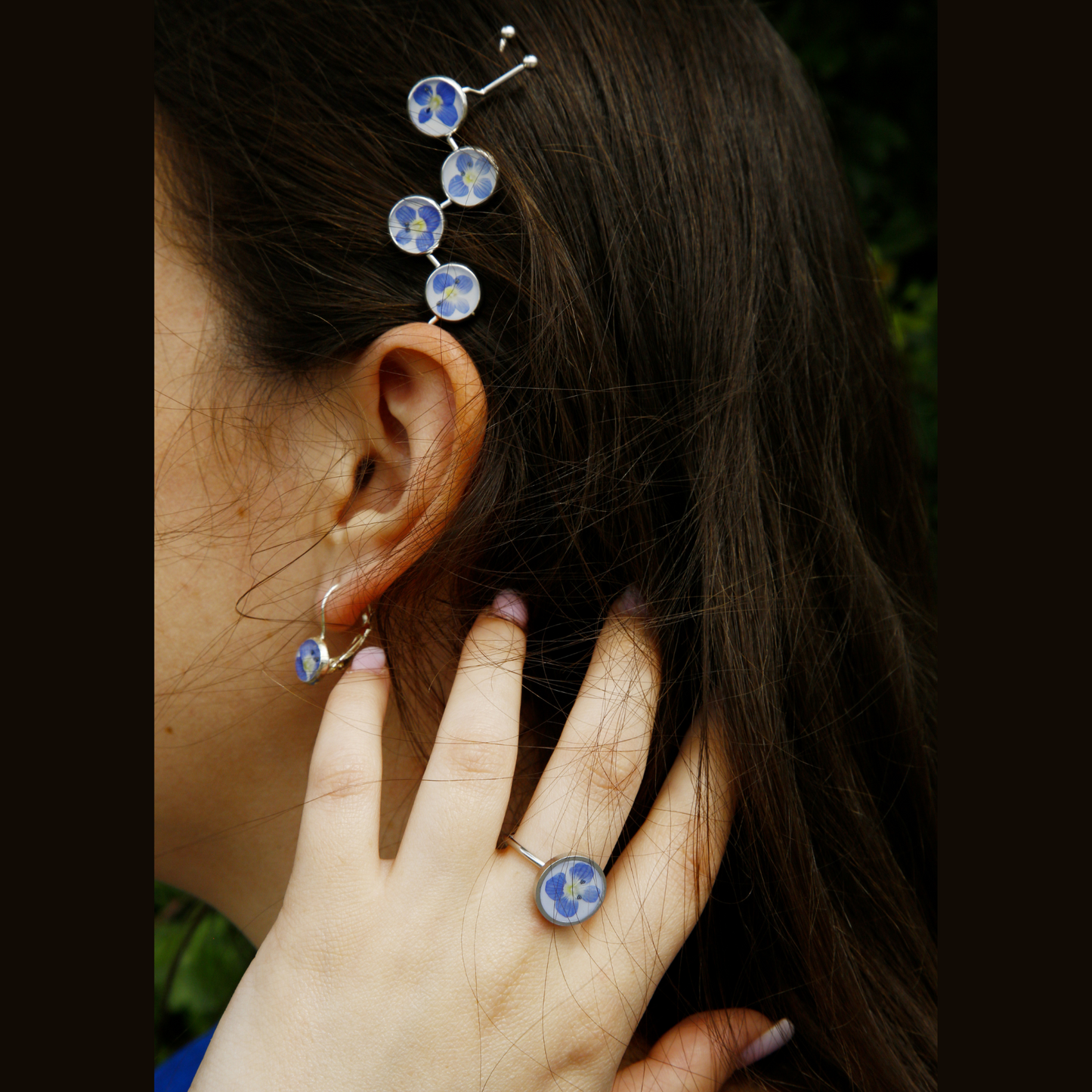 Hair Pin Silver with Real Blue Flowers – Strong Hold + Polish Cloth - Hair Accessories