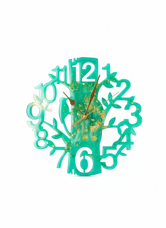 Wall Clock Epoxy Turquoise Green Gold – Handmade Resin Tree Clock – Personalized Custom Nature Wall Art – Gold Accent Home Decor Gift