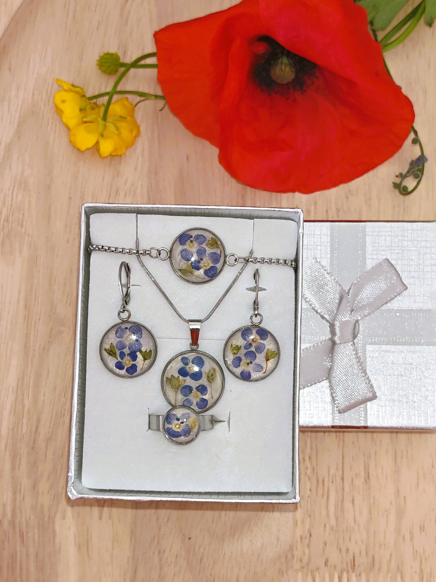 Jewelry Set – Real Blue Flower with Green Leaves & Gold Glitter Background - Stainless Steel Jewelry