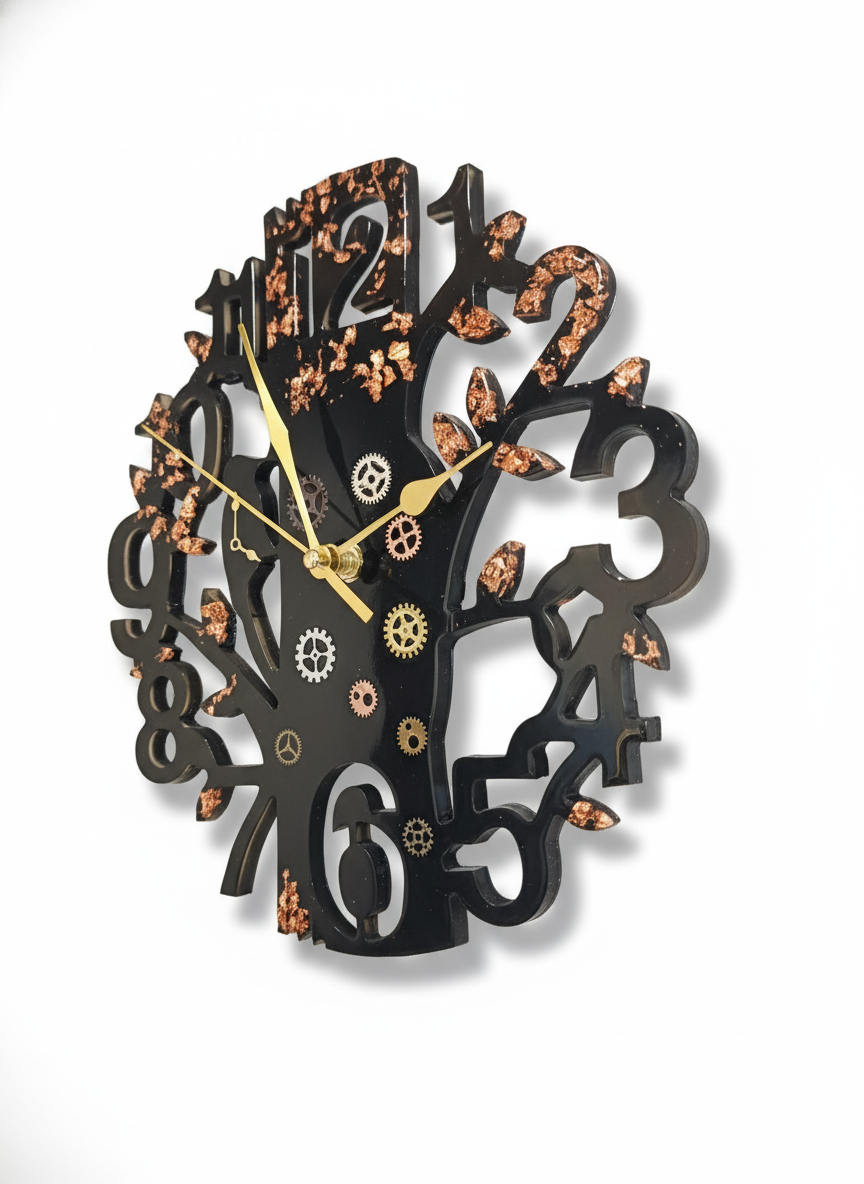 Wall Clock Epoxy Resin Steampunk with Copper Leaf – Handmade Epoxy Tree Clock with Gears – Custom Wall Art Gift for Men – Industrial Mechanical Style Decor