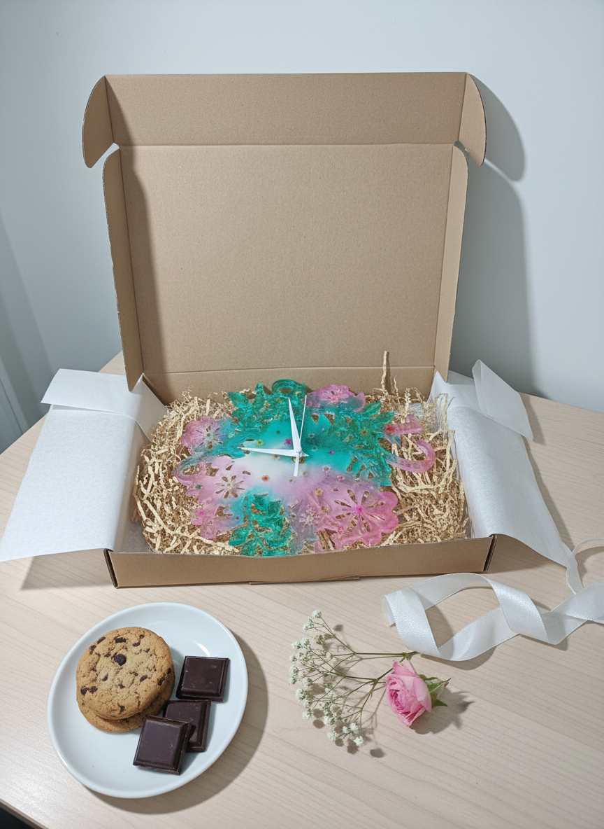 Wall Clock Epoxy Resin Large Floral – Handmade Pink & Green Epoxy Flower Clock – Botanical Nature-Inspired Decor – Custom Feminine Gift Idea