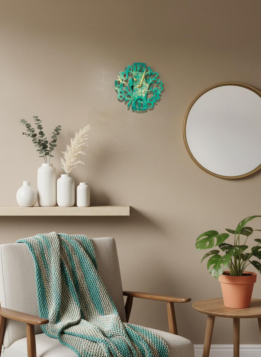 Wall Clock Epoxy Turquoise Green Gold – Handmade Resin Tree Clock – Personalized Custom Nature Wall Art – Gold Accent Home Decor Gift