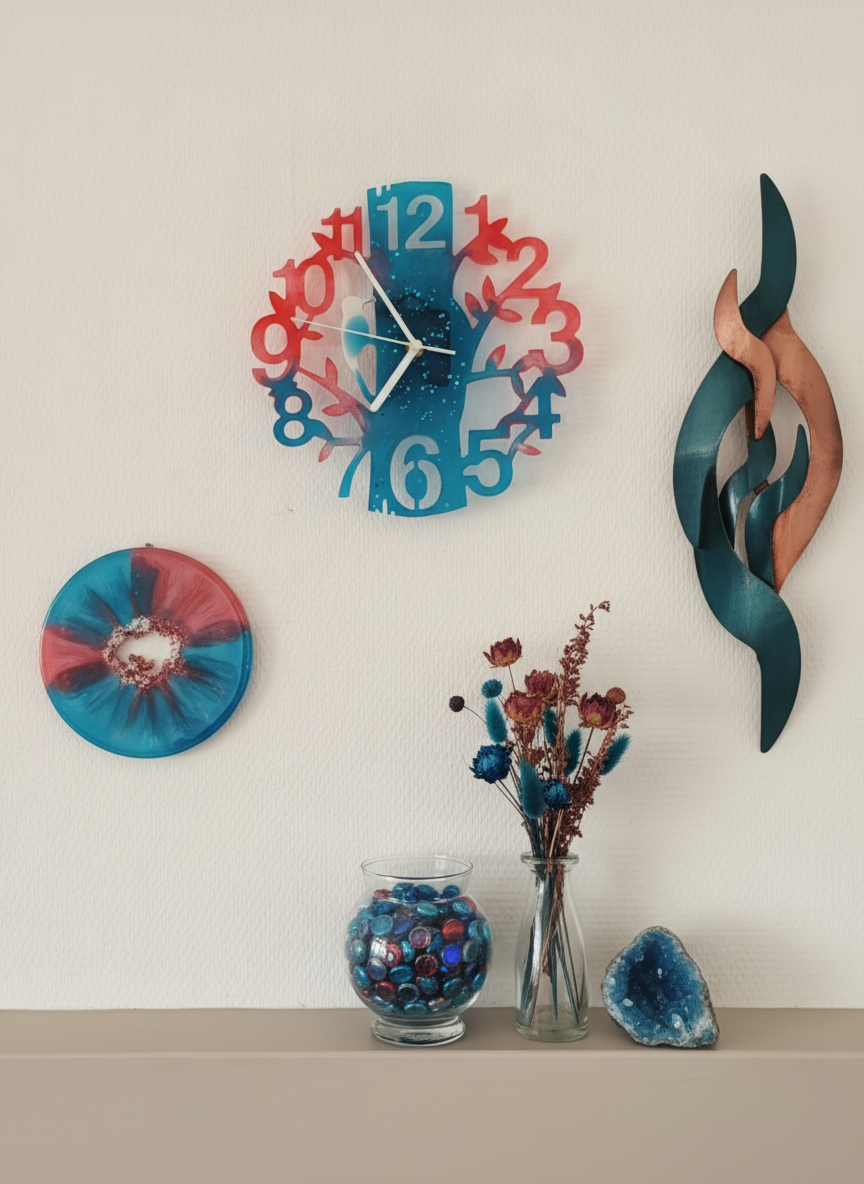 Wall Clock Epoxy Red Blue White – Handmade Resin Tree Clock with Bird – French Dutch Flag Colors – Personalized Custom Wall Art Gift