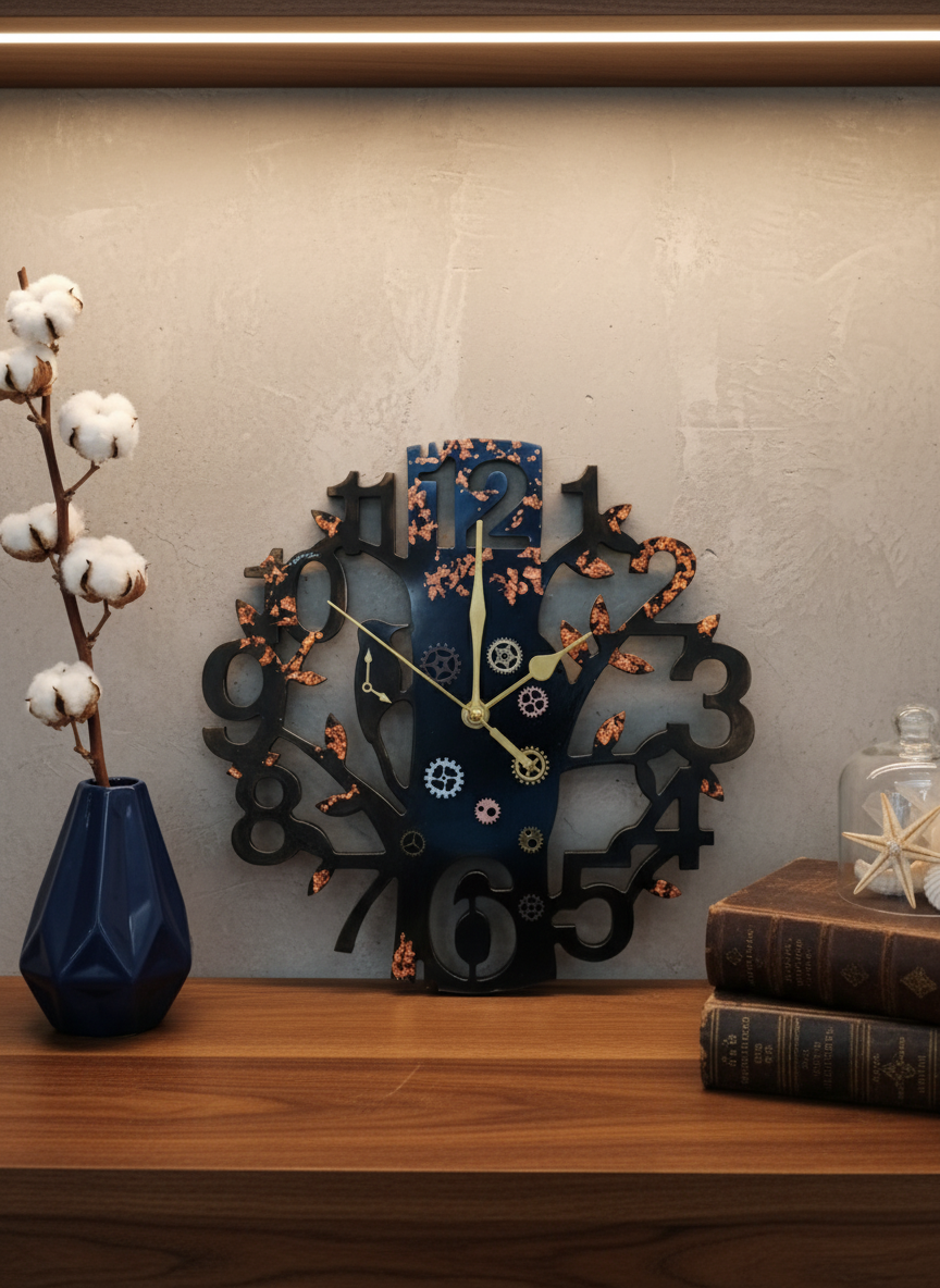 Wall Clock Epoxy Resin Steampunk with Copper Leaf – Handmade Epoxy Tree Clock with Gears – Custom Wall Art Gift for Men – Industrial Mechanical Style Decor