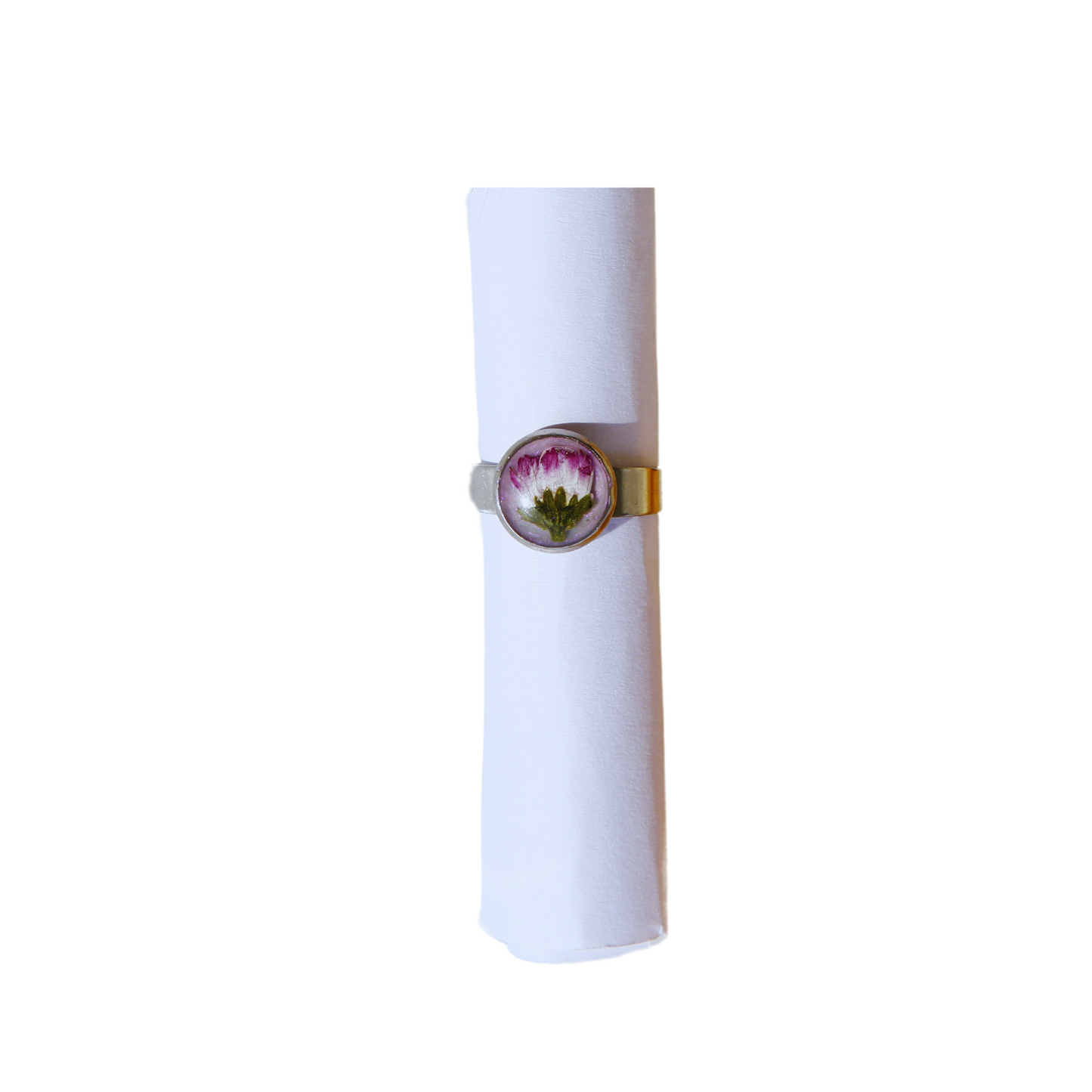 Adjustable Daisy Purple Flower Ring – Handmade Stainless Steel with Real Dried Flower & Glitter Background