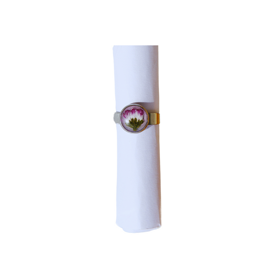 Adjustable Daisy Purple Flower Ring – Handmade Stainless Steel with Real Dried Flower & Glitter Background