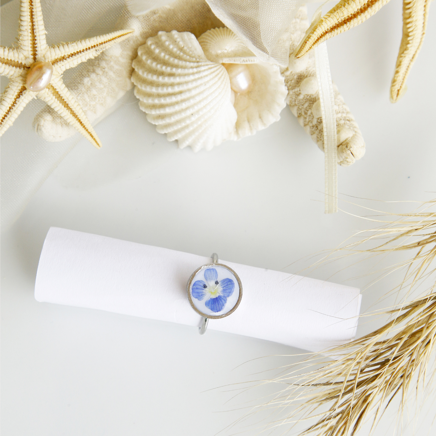 Jewelry Set Personalized – Real Blue Flower Necklace, Earrings & Adjustable Ring – Handmade Silver 925 & Stainless Steel