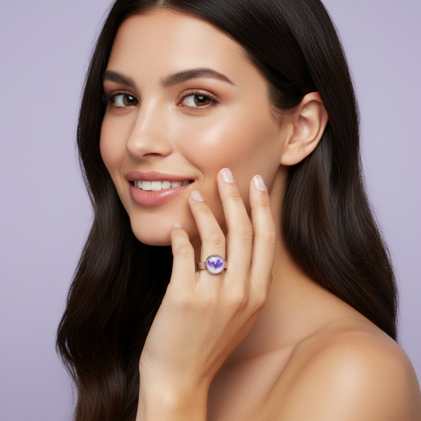 Adjustable Purple Heart Flower Ring – Handmade Stainless Steel Ring with Real Dried Flower & Glitter Background