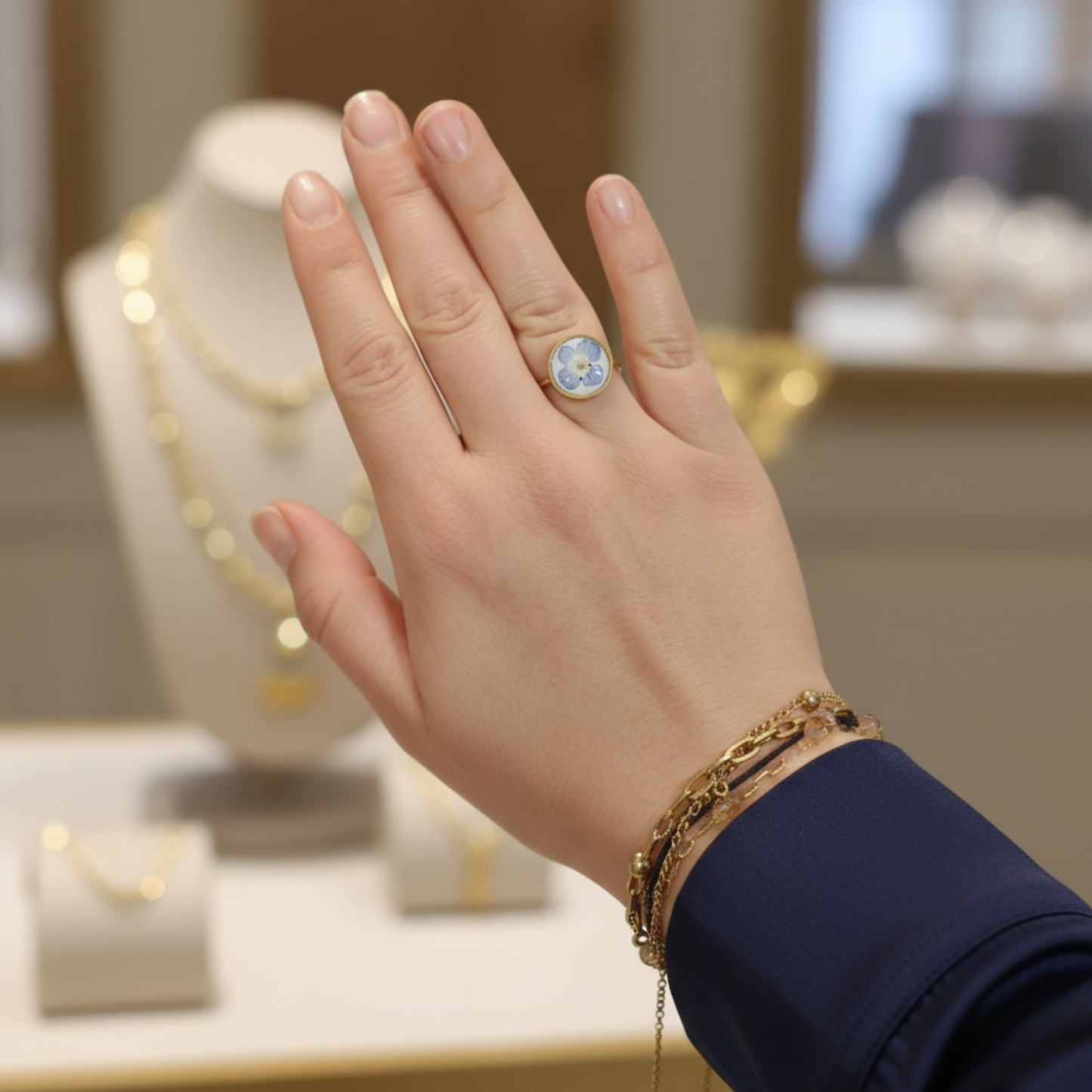 Adjustable Blue Flower Ring – Handmade Stainless Steel Gold Real Dried Flower Jewelry (10 mm / 12 mm)