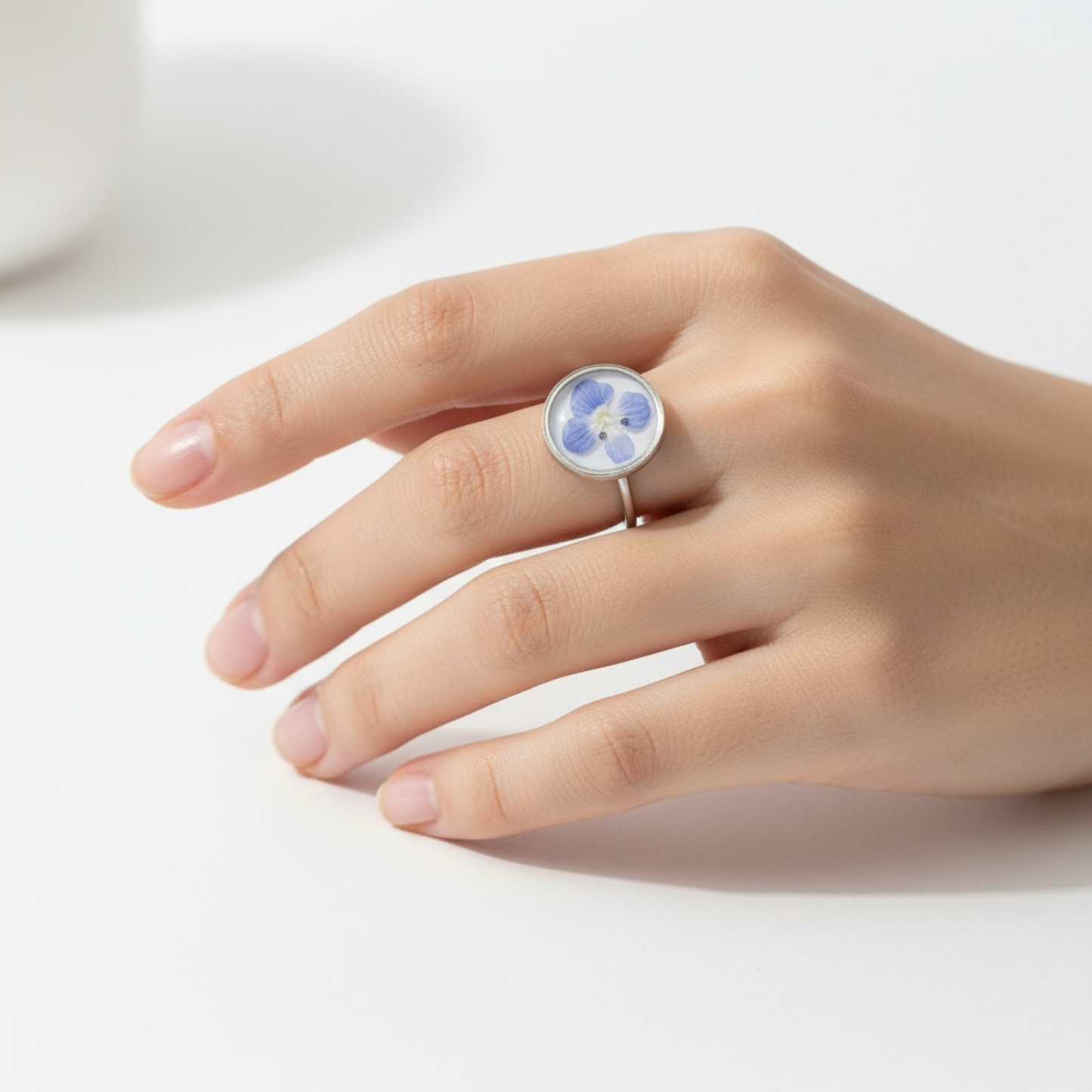 Adjustable Blue Flower Ring – Handmade Stainless Steel Gold Real Dried Flower Jewelry (10 mm / 12 mm)