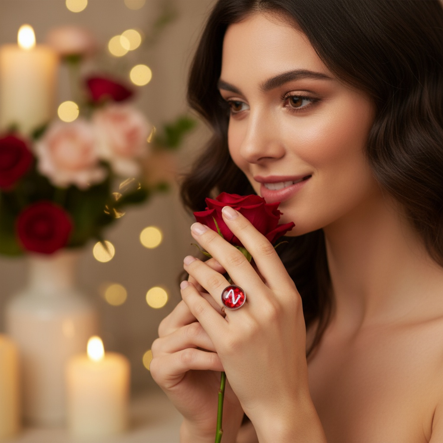 Adjustable Red Heart Ring – Handmade Stainless Steel Resin Ring with Sequin Design (10 mm / 12 mm, Optional Letter)