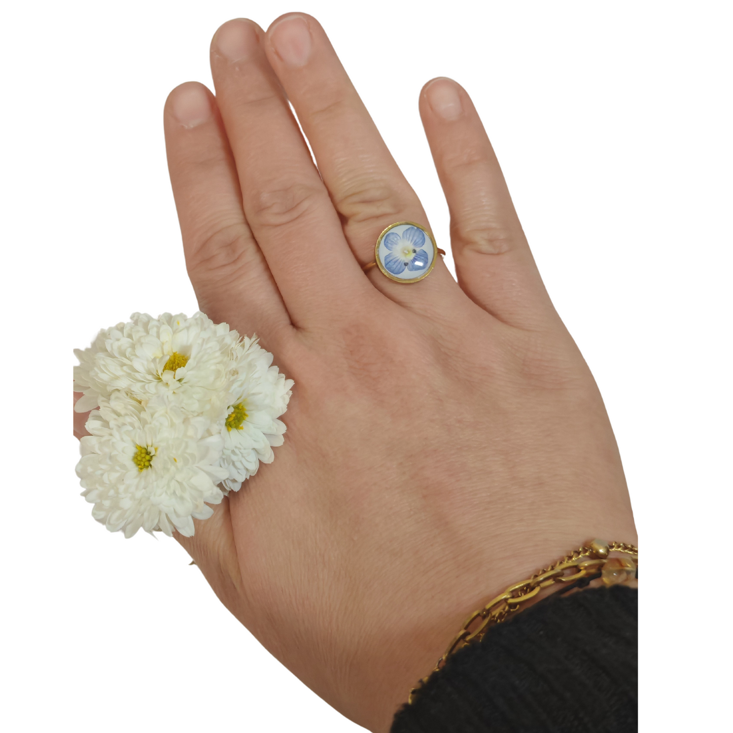 Jewelry Set Personalized – Real Blue Flower Necklace, Earrings & Adjustable Ring – Handmade Silver 925 & Stainless Steel