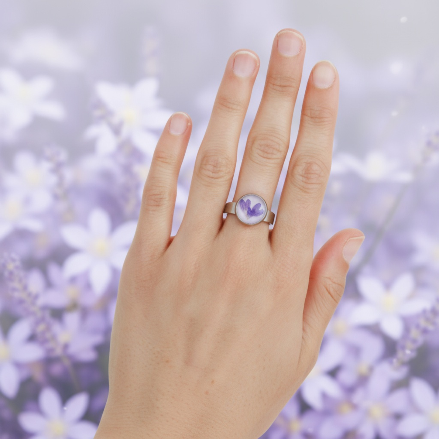 Adjustable Purple Heart Flower Ring – Handmade Stainless Steel Ring with Real Dried Flower & Glitter Background