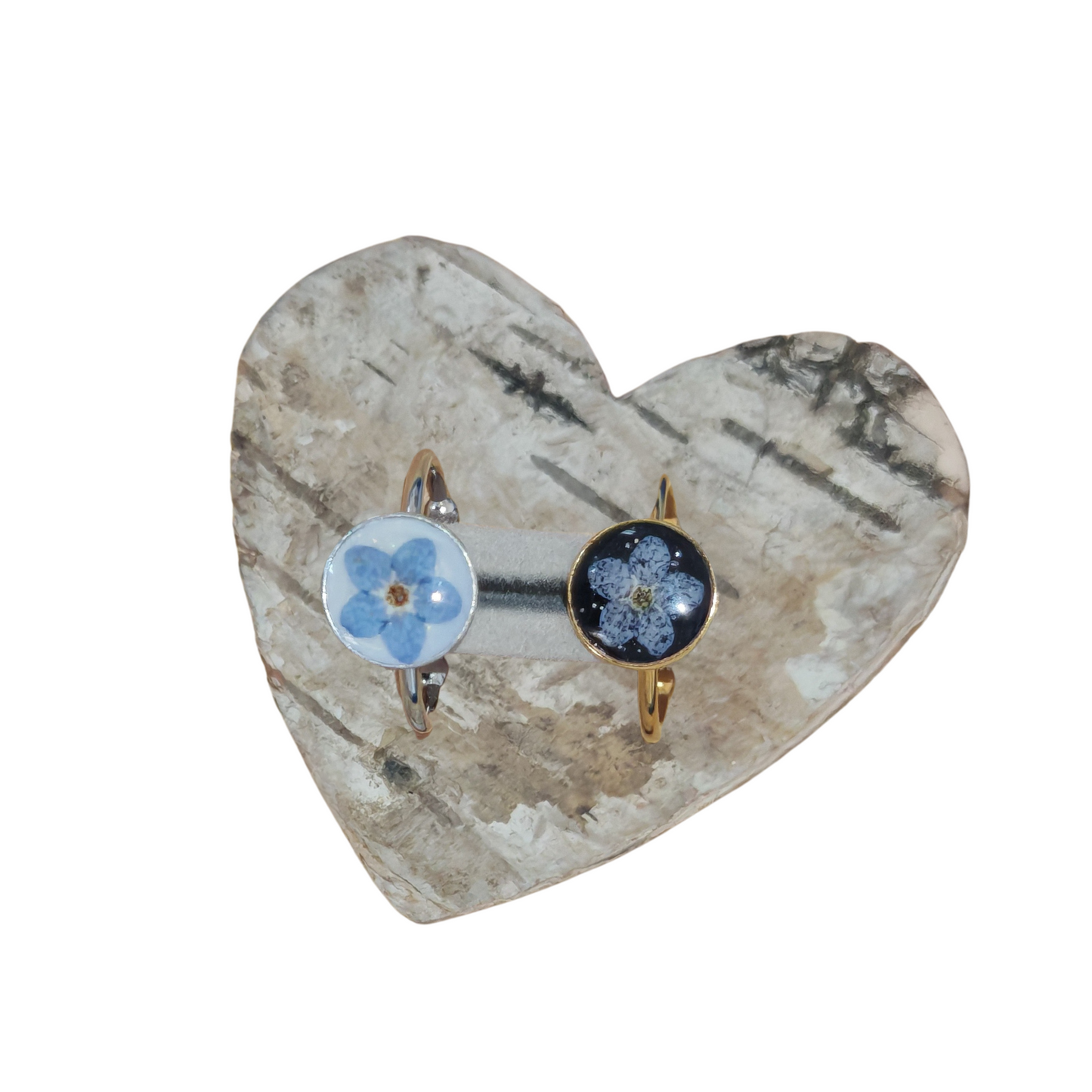Adjustable Forget-me-not Flower Ring – Handmade Stainless Steel Ring (Silver/Gold, White/Black Background)