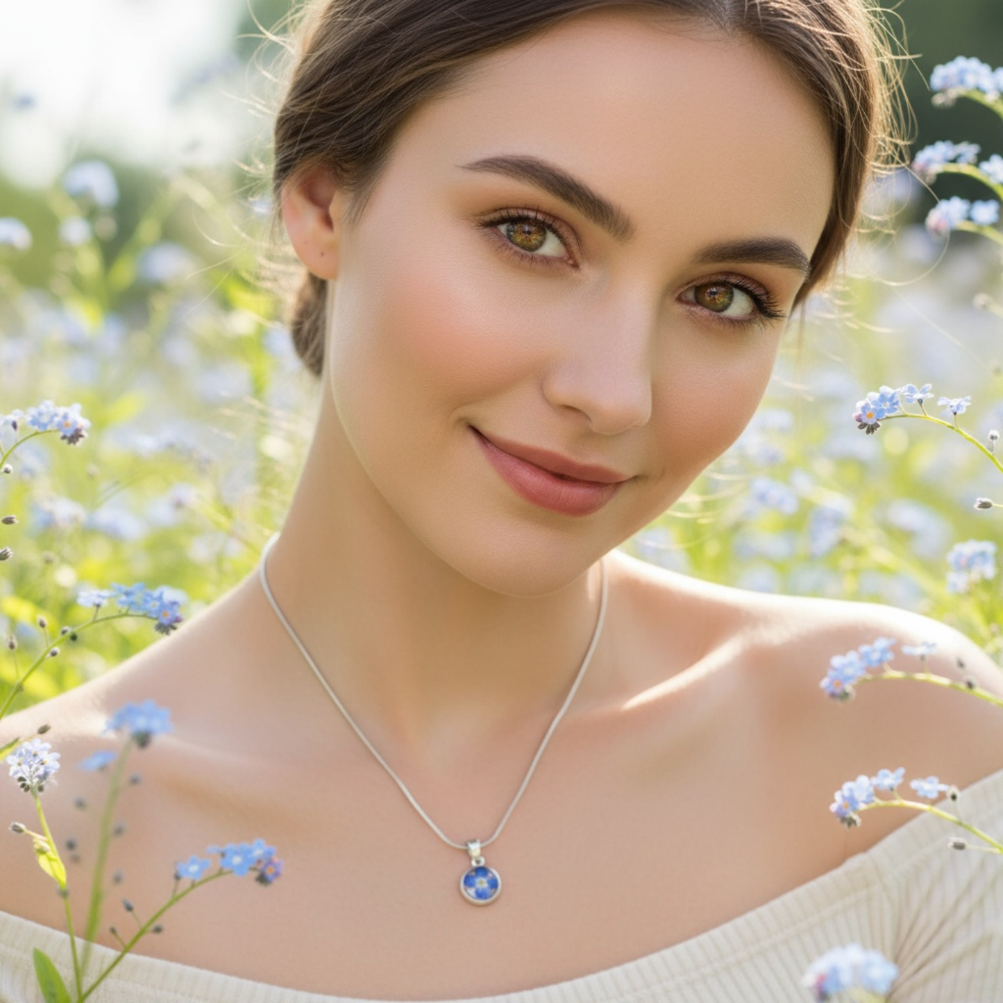 Stainless Steel Necklace – Real Flower Pendant (Blue, Purple Heart, Forget-Me-Not)