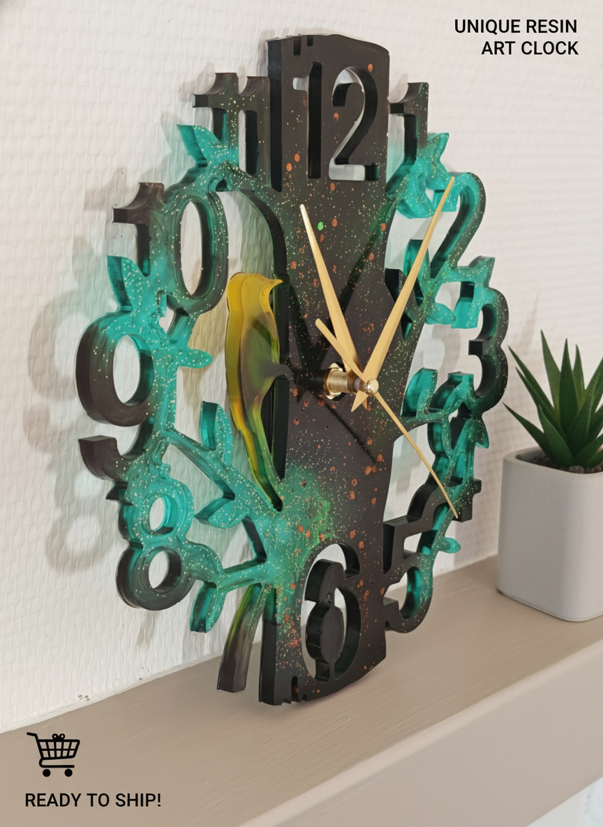 Wall Clock Epoxy Personalized – Handmade Tree Design with Bird – Custom Resin Wall Art Gift – Unique Nature Home Decor – Green Black Gold Modern Clock