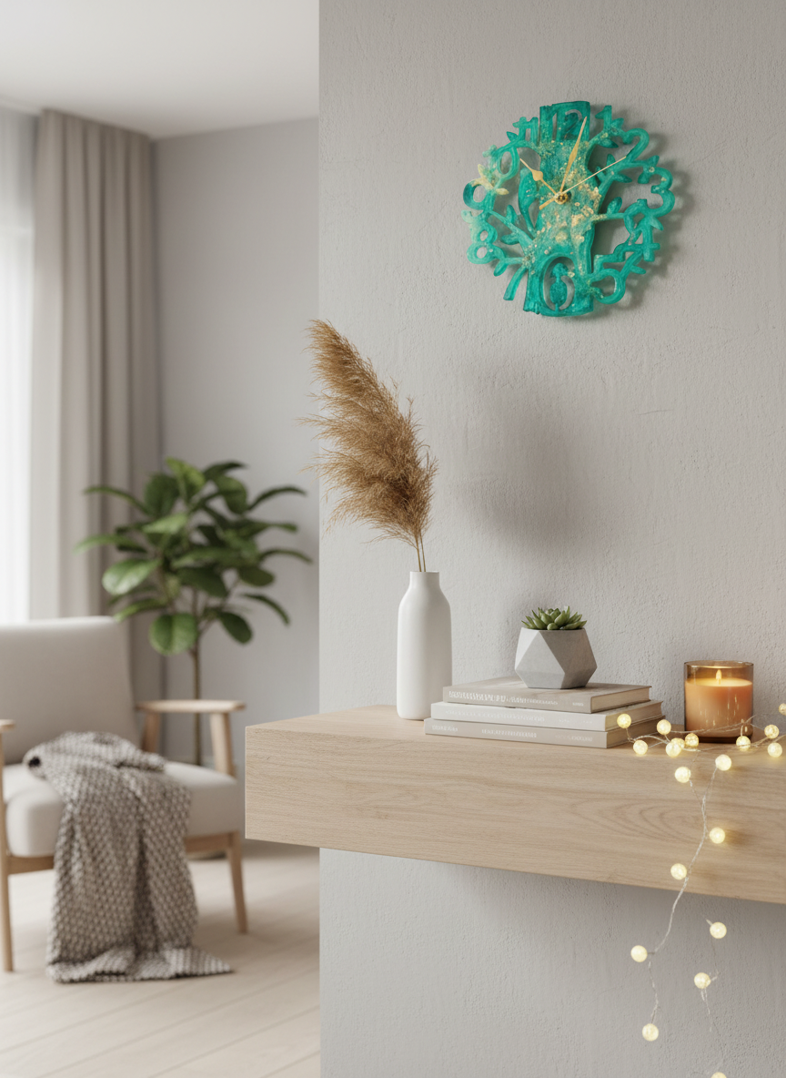 Wall Clock Epoxy Turquoise Green Gold – Handmade Resin Tree Clock – Personalized Custom Nature Wall Art – Gold Accent Home Decor Gift