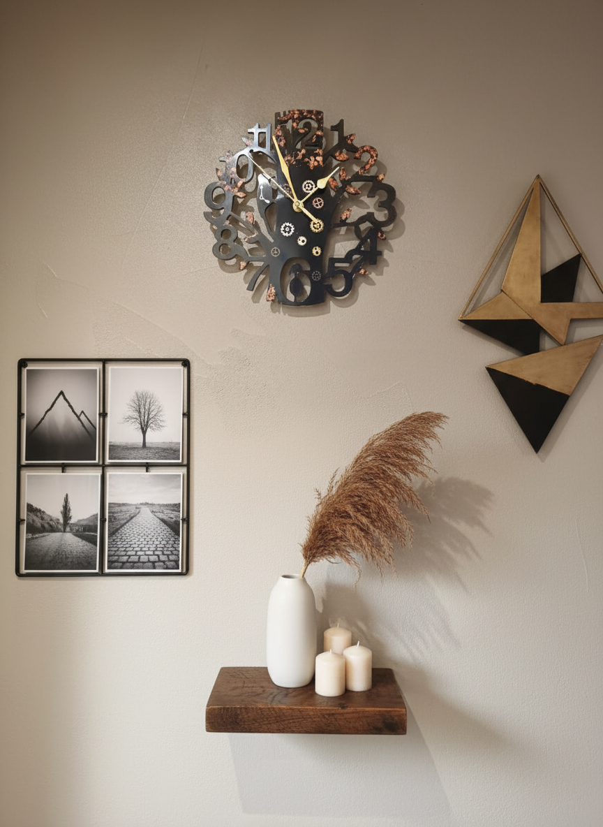 Wall Clock Epoxy Resin Steampunk with Copper Leaf – Handmade Epoxy Tree Clock with Gears – Custom Wall Art Gift for Men – Industrial Mechanical Style Decor
