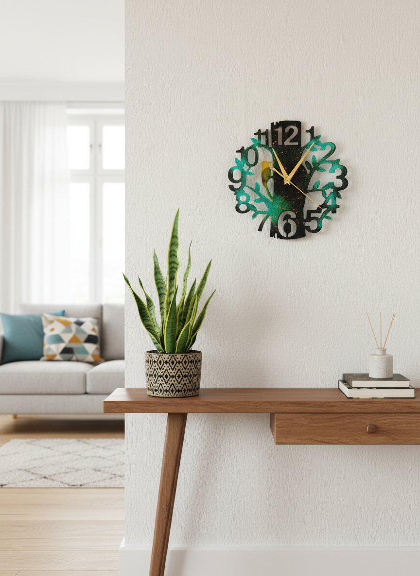 Wall Clock Epoxy Personalized – Handmade Tree Design with Bird – Custom Resin Wall Art Gift – Unique Nature Home Decor – Green Black Gold Modern Clock