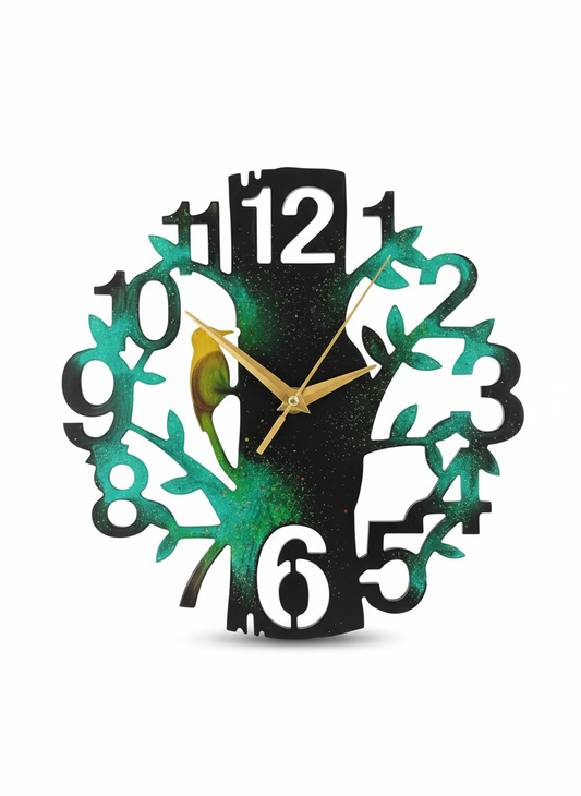 Wall Clock Epoxy Personalized – Handmade Tree Design with Bird – Custom Resin Wall Art Gift – Unique Nature Home Decor – Green Black Gold Modern Clock