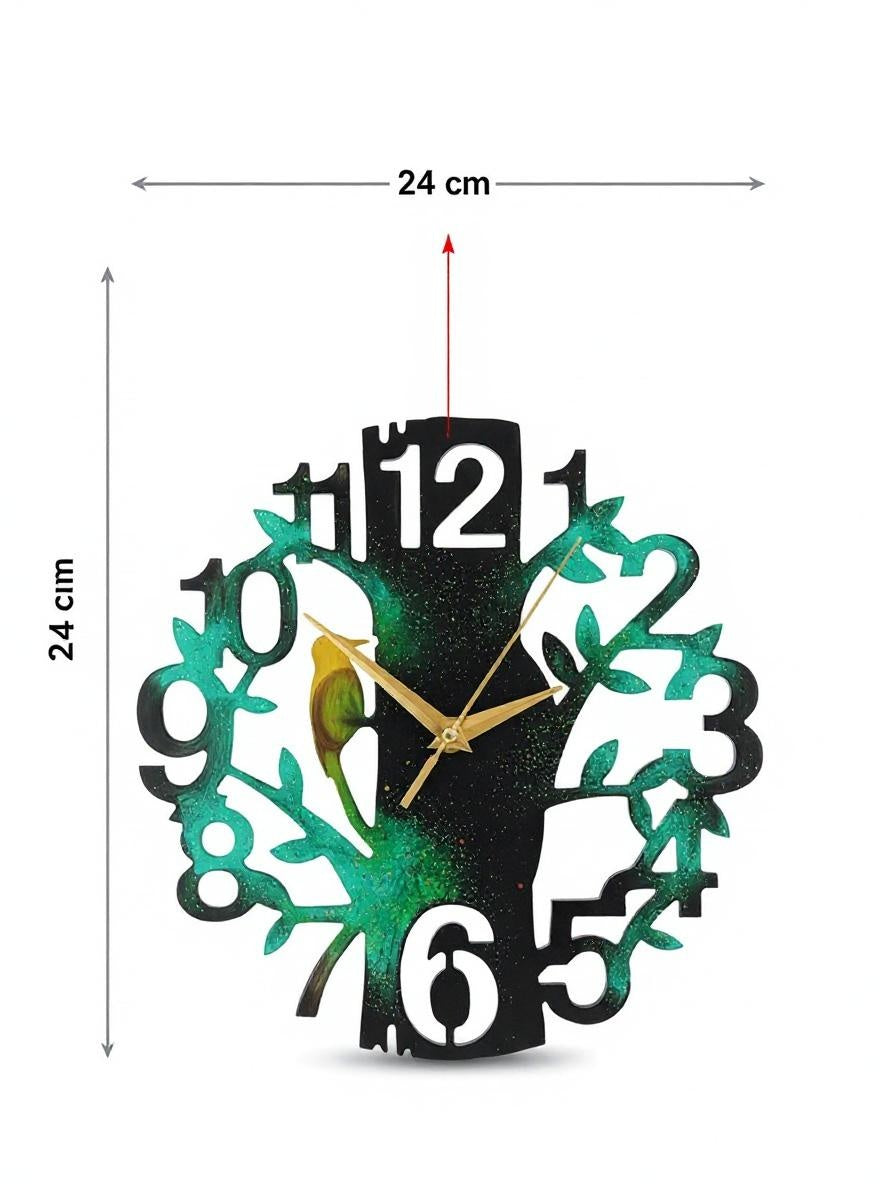Wall Clock Epoxy Personalized – Handmade Tree Design with Bird – Custom Resin Wall Art Gift – Unique Nature Home Decor – Green Black Gold Modern Clock