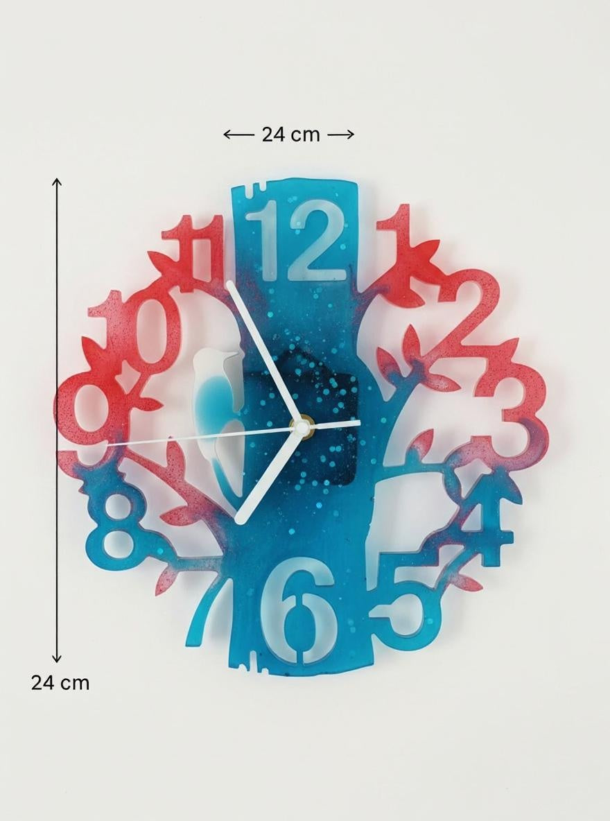 Wall Clock Epoxy Red Blue White – Handmade Resin Tree Clock with Bird – French Dutch Flag Colors – Personalized Custom Wall Art Gift