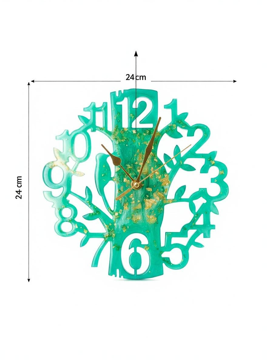 Wall Clock Epoxy Turquoise Green Gold – Handmade Resin Tree Clock – Personalized Custom Nature Wall Art – Gold Accent Home Decor Gift