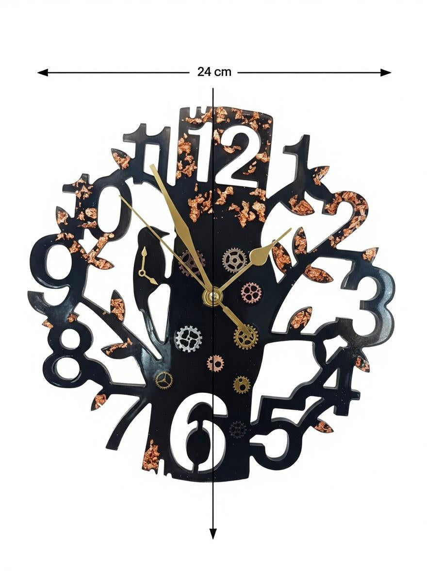 Wall Clock Epoxy Resin Steampunk with Copper Leaf – Handmade Epoxy Tree Clock with Gears – Custom Wall Art Gift for Men – Industrial Mechanical Style Decor