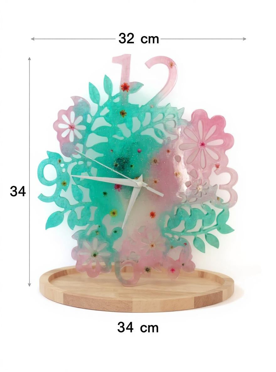 Wall Clock Epoxy Resin Large Floral – Handmade Pink & Green Epoxy Flower Clock – Botanical Nature-Inspired Decor – Custom Feminine Gift Idea