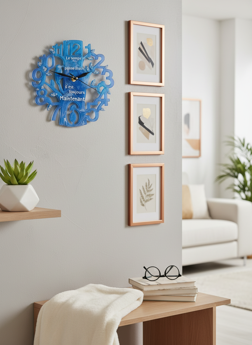 Wall Clock Epoxy Blue Ocean with French Quote – Handmade Epoxy Art Clock – Custom Sea-Inspired Decor – Unique Personalized Gift