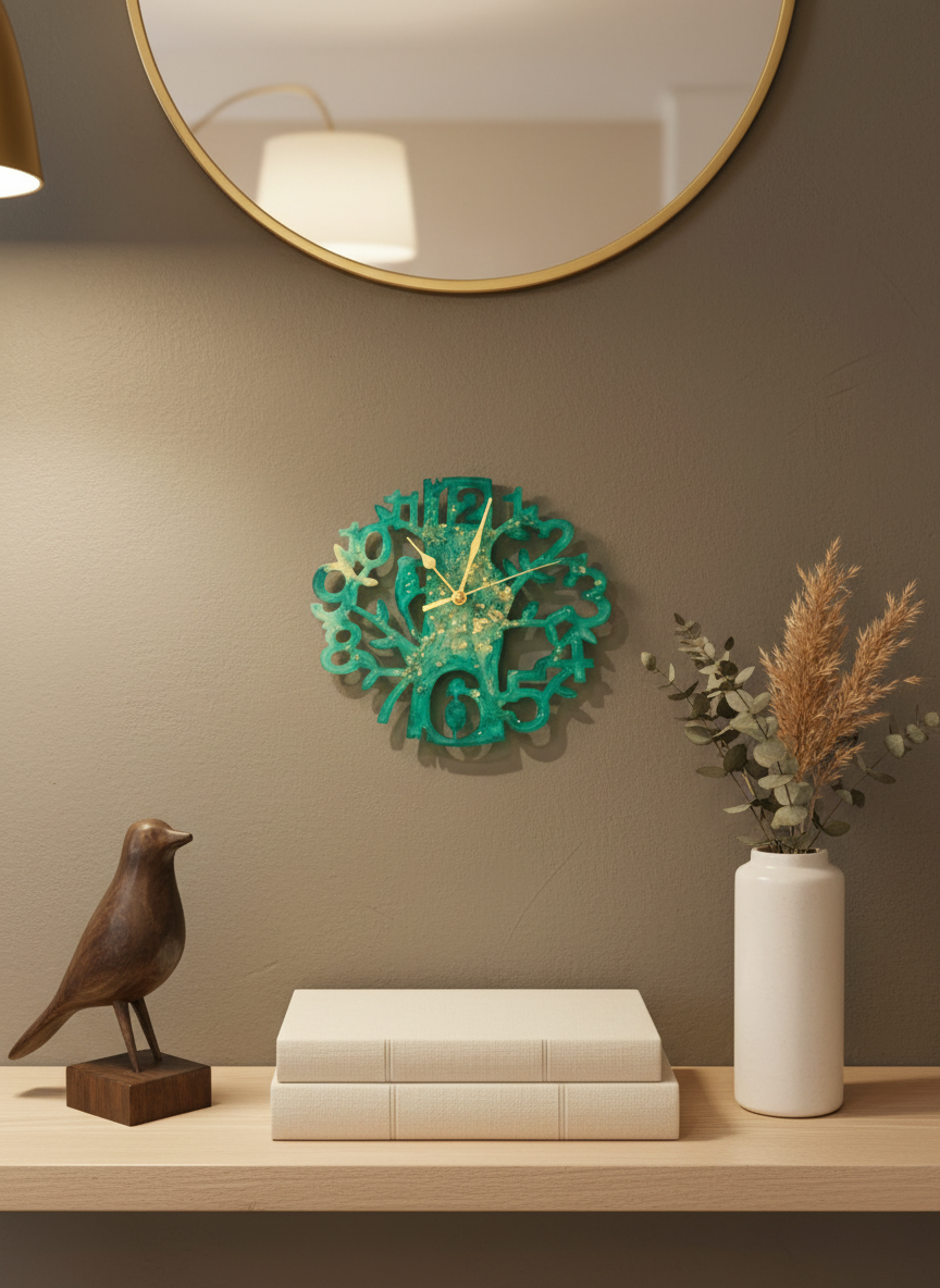 Wall Clock Epoxy Turquoise Green Gold – Handmade Resin Tree Clock – Personalized Custom Nature Wall Art – Gold Accent Home Decor Gift