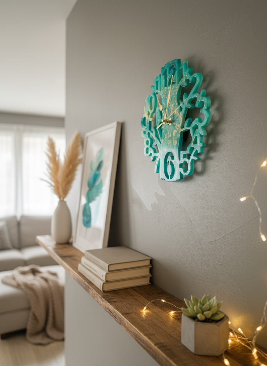 Wall Clock Epoxy Turquoise Green Gold – Handmade Resin Tree Clock – Personalized Custom Nature Wall Art – Gold Accent Home Decor Gift