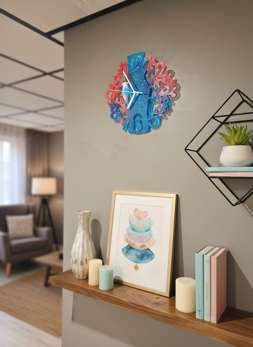 Wall Clock Epoxy Red Blue White – Handmade Resin Tree Clock with Bird – French Dutch Flag Colors – Personalized Custom Wall Art Gift