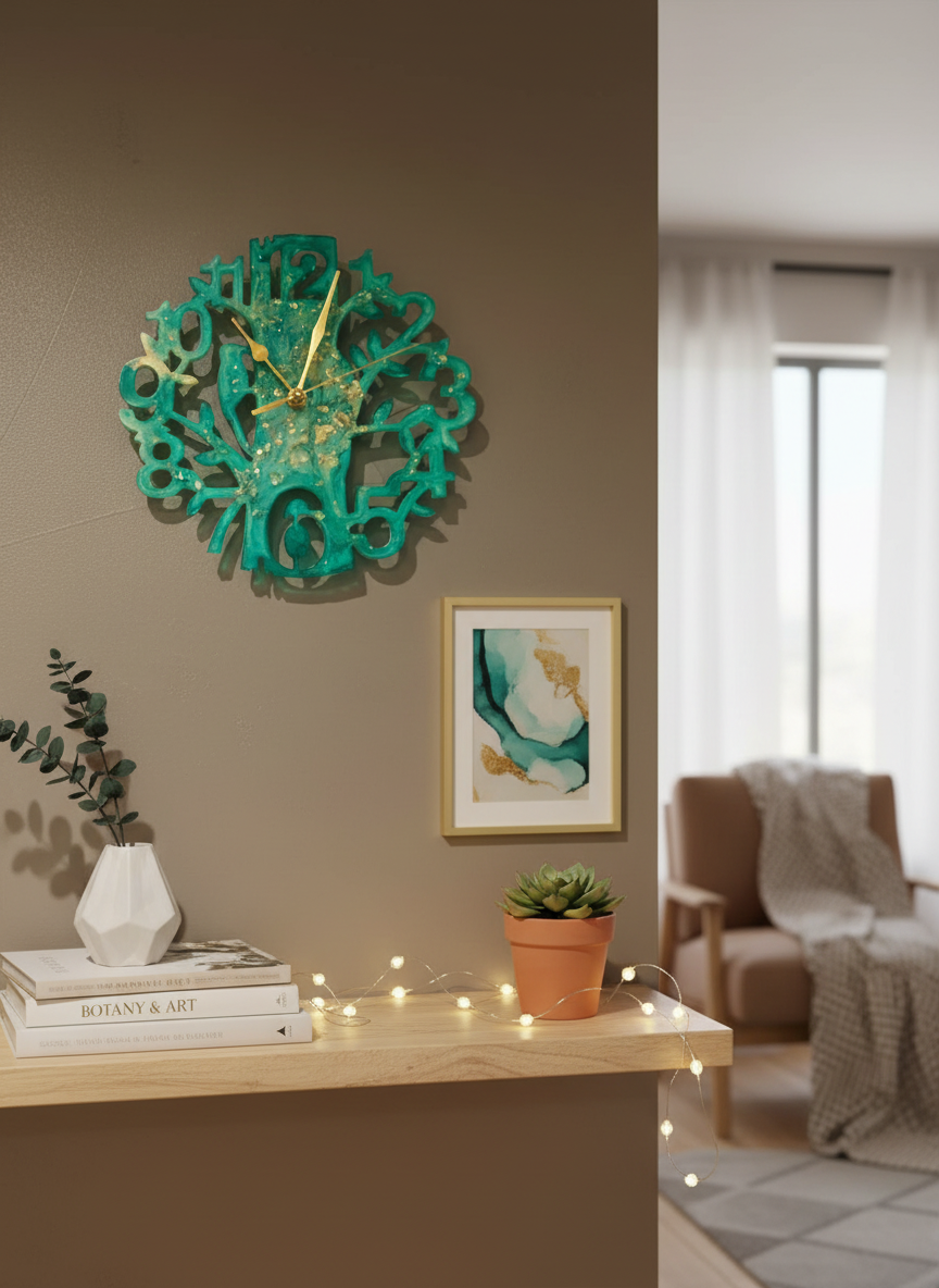 Wall Clock Epoxy Turquoise Green Gold – Handmade Resin Tree Clock – Personalized Custom Nature Wall Art – Gold Accent Home Decor Gift