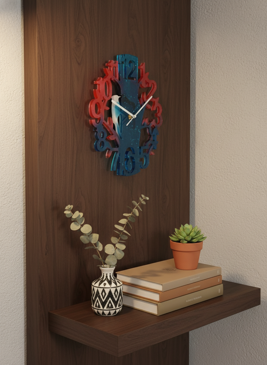 Wall Clock Epoxy Red Blue White – Handmade Resin Tree Clock with Bird – French Dutch Flag Colors – Personalized Custom Wall Art Gift
