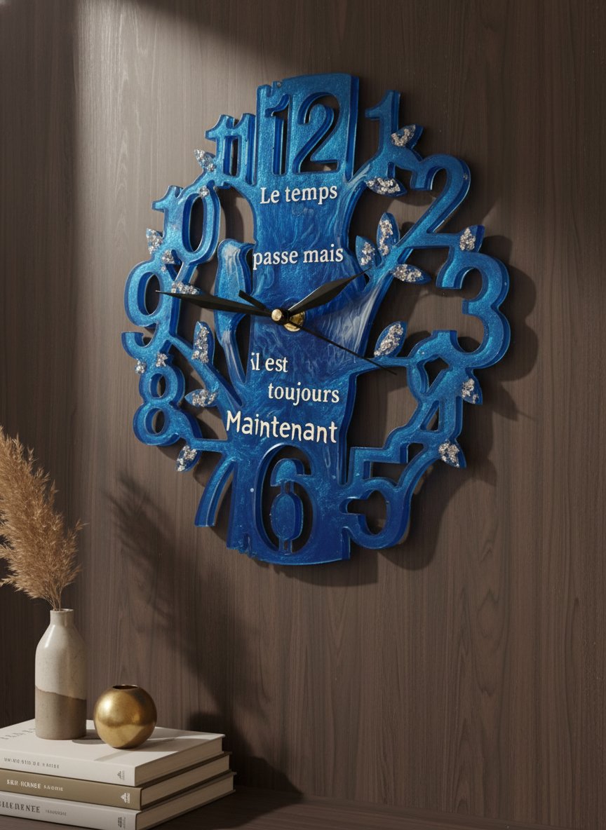 Wall Clock Epoxy Blue Ocean with French Quote – Handmade Epoxy Art Clock – Custom Sea-Inspired Decor – Unique Personalized Gift