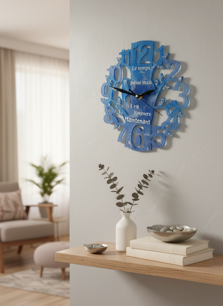 Wall Clock Epoxy Blue Ocean with French Quote – Handmade Epoxy Art Clock – Custom Sea-Inspired Decor – Unique Personalized Gift