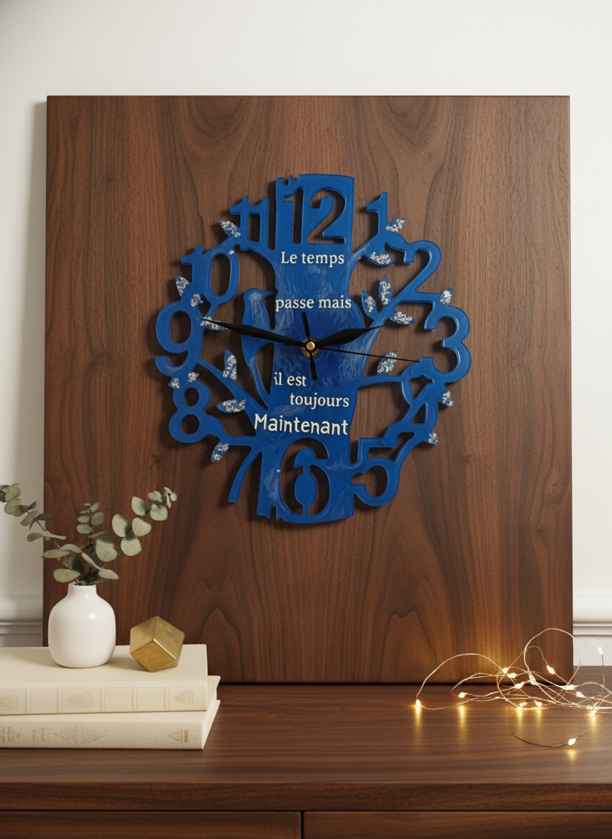 Wall Clock Epoxy Blue Ocean with French Quote – Handmade Epoxy Art Clock – Custom Sea-Inspired Decor – Unique Personalized Gift