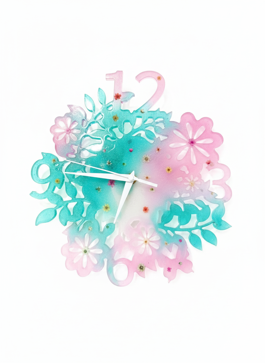 Wall Clock Epoxy Resin Large Floral – Handmade Pink & Green Epoxy Flower Clock – Botanical Nature-Inspired Decor – Custom Feminine Gift Idea