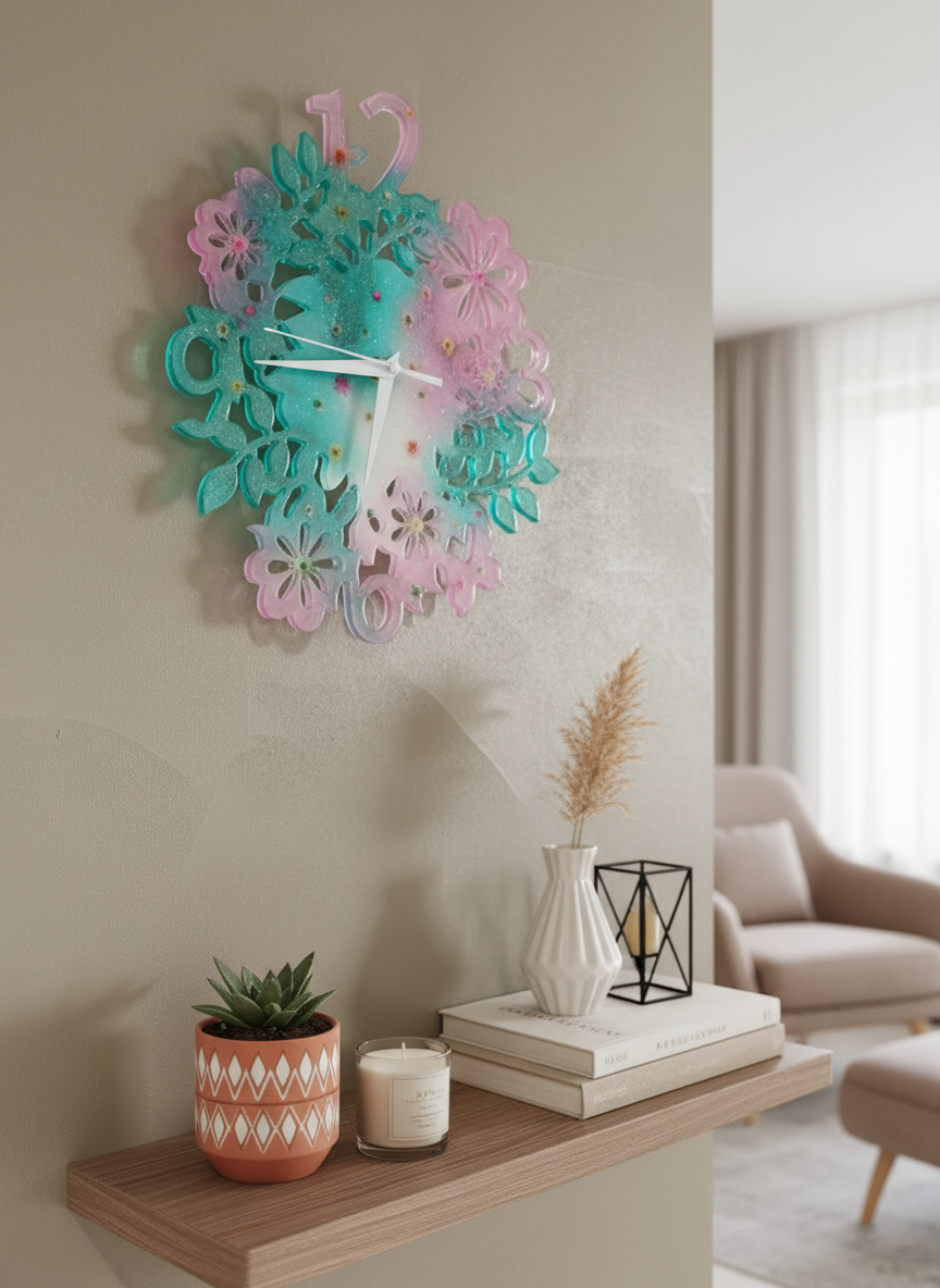 Wall Clock Epoxy Resin Large Floral – Handmade Pink & Green Epoxy Flower Clock – Botanical Nature-Inspired Decor – Custom Feminine Gift Idea
