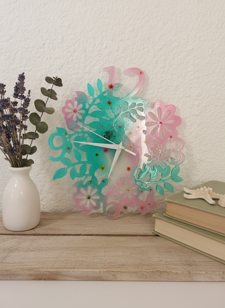 Wall Clock Epoxy Resin Large Floral – Handmade Pink & Green Epoxy Flower Clock – Botanical Nature-Inspired Decor – Custom Feminine Gift Idea