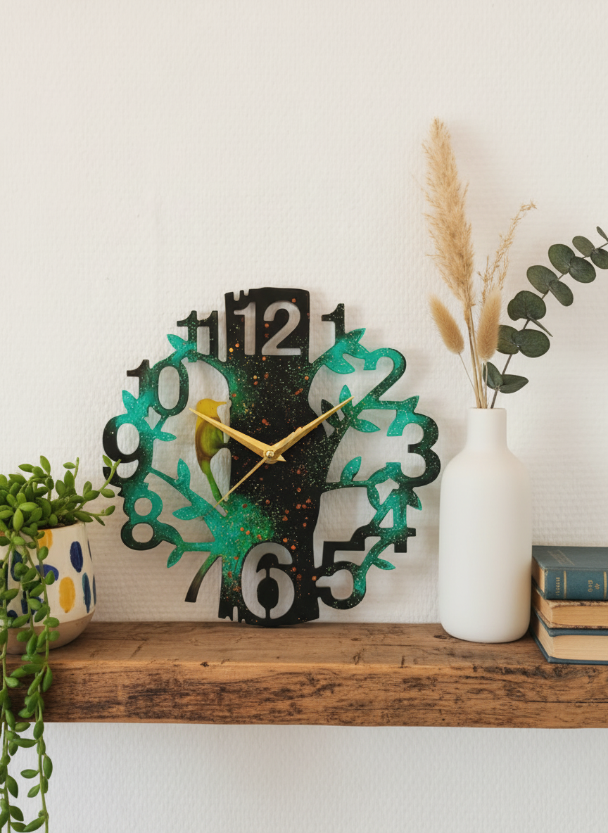 Wall Clock Epoxy Personalized – Handmade Tree Design with Bird – Custom Resin Wall Art Gift – Unique Nature Home Decor – Green Black Gold Modern Clock